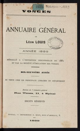 Vosges Annuaire général de Léon Louis année 1889