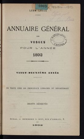 Annuaire général des Vosges pour l'année 1892