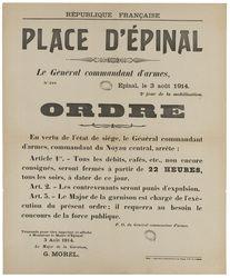 Place d'Epinal. Le Général commandant d'armes, Epinal, le 3 août 1914. 2e …