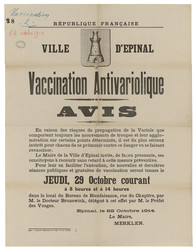 République française. Ville d'Epinal. Vaccination Antivariolique. Avis. En…