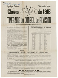 République française. Préfecture des Vosges. Classe de 1915. Itinéraire du…