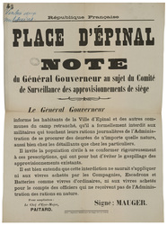 République française. Place d'Epinal. Note du Général Gouverneur au sujet …