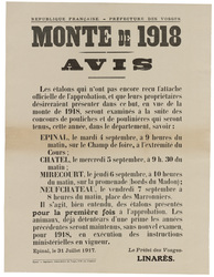 République française. Préfecture des Vosges. Monte de 1918. Avis. Les étal…