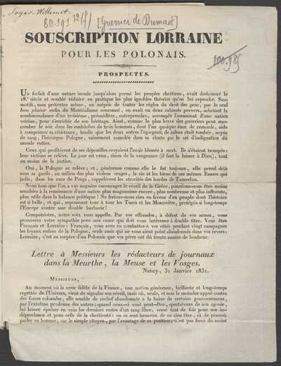 Souscription lorraine pour les Polonais. Prospectus undefined