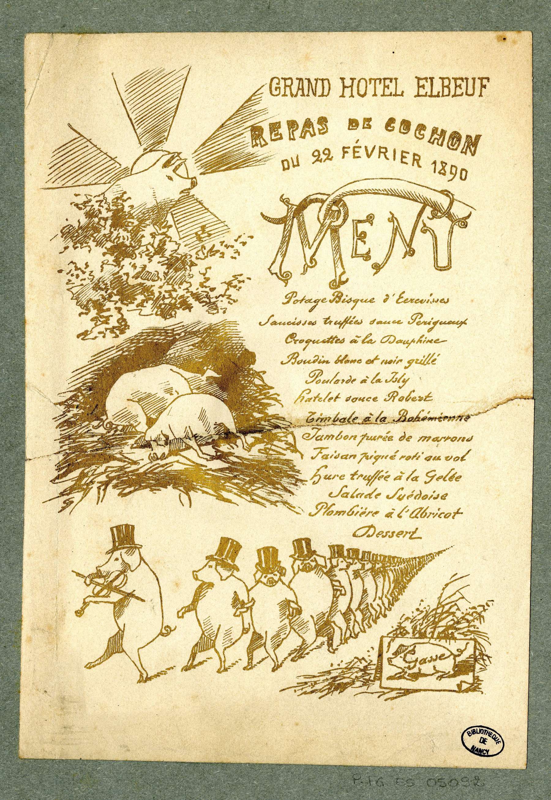 Contenu du Repas de cochon du 22 février 1890 : menu