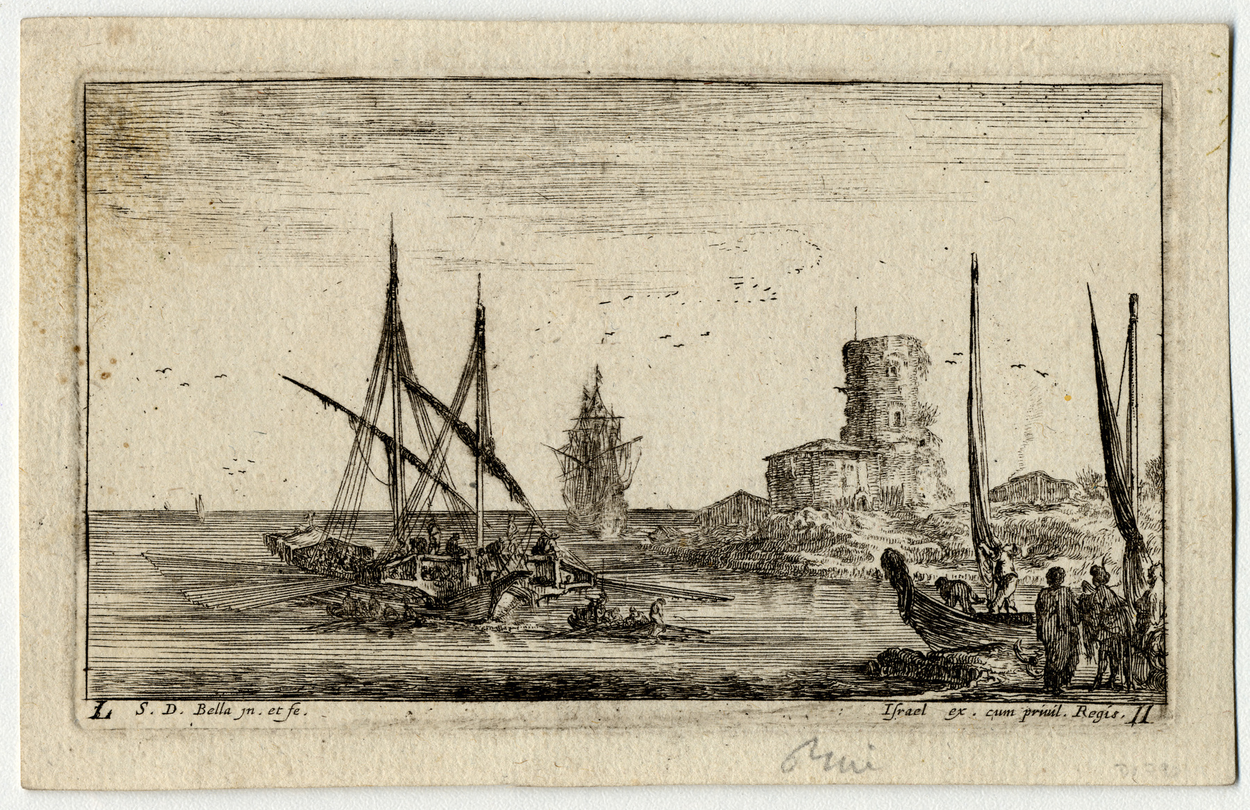 Contenu du Paysages maritimes : A gauche, une galère dirigée vers le fond; au milieu, une chaloupe et dans le lointain, un vaisseau