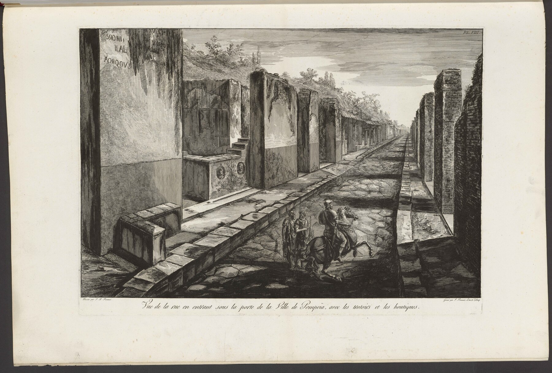 Contenu du Vue de la rue en entrant sous la porte de la ville de Pompeïa, avec les trotoirs et les boutiques