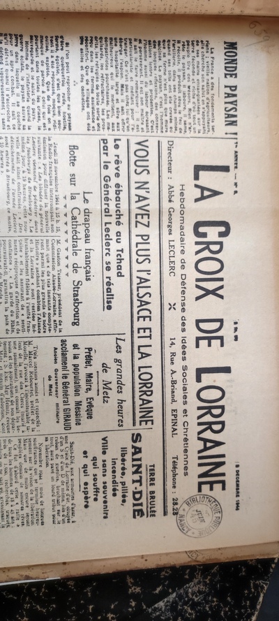 La Croix de Lorraine du 09/12/1944 Alsa-lorraine