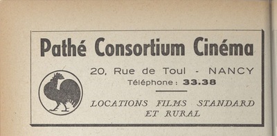 Publicité de Pathé Consortium Cinéma dans le Plan urbain et suburbain de Nancy (édition de 1945)