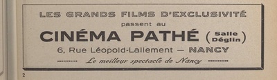 Publicité d'un cinéma Pathé (salle Déglin) dans le Plan urbain et suburbain de Nancy (édition de 1942)