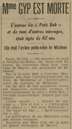 L'Est Républicain, 30 juin 1932 : annonce de la mort de Gyp en première page L'Est Républicain, 30 juin 1932